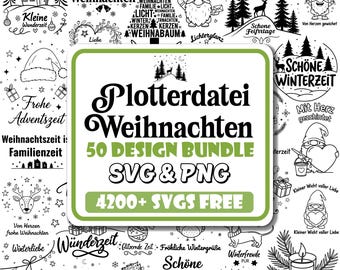 Puede incluir: Un paquete de diseños navideños en blanco y negro con varias ilustraciones y elementos de texto. El diseño central presenta el texto "Plotterdatei Weihnachten 50 DESIGN BUNDLE SVG & PNG" con "4200+ SVGS FREE" debajo.