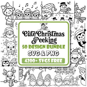 Puede incluir: Ilustración en blanco y negro de personajes navideños asomándose por detrás de un borde. La imagen incluye a Papá Noel, elfos, renos, muñecos de nieve, búhos y pingüinos. El texto sobre un fondo verde dice "Cute Christmas Peeking 50 Design Bundle SVG & PNG 4200+ SVGS FREE."