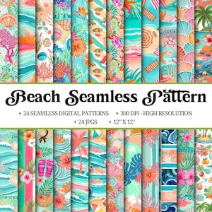 Può includere: Una collezione di 24 modelli digitali senza cuciture a tema spiaggia. I modelli presentano illustrazioni di conchiglie, coralli, ombrelloni e fiori tropicali. Ogni modello misura 30,48 cm x 30,48 cm ed è in alta risoluzione.