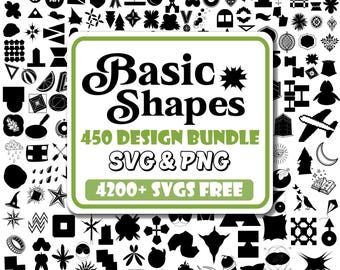 May include: A collection of black and white basic shapes and design elements. The image features a central graphic with the text "Basic Shapes 450 Design Bundle SVG & PNG 4200+ SVGS FREE". Various icons and shapes surround the central graphic.