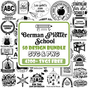 May include: A digital collection of 50 school-themed graphic designs in black and white. The central label reads German Plotter School 50 DESIGN BUNDLE SVG & PNG 4200+ SVGS FREE. Surrounding graphics include pencils, books, apples, school buses, and alphabets.