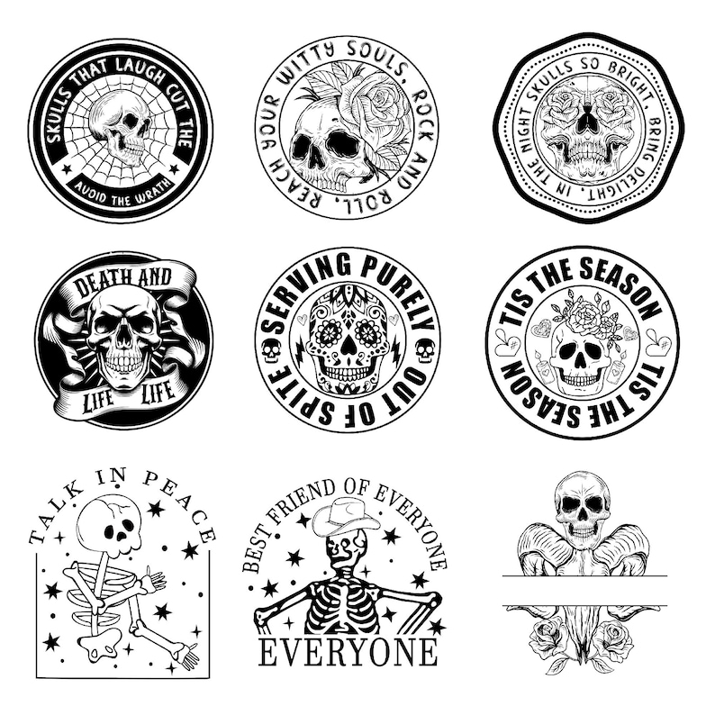 Puede incluir: Nueve ilustraciones en blanco y negro de cr&aacute;neos y esqueletos con varios textos que los rodean. El texto incluye frases como "Skulls that laugh cut the wrath", "Death and Life", "Serving purely out of spite", "Tis the season", "Talk in peace", "Best friend of everyone", y "Night skulls so bright, bring delight in the season".