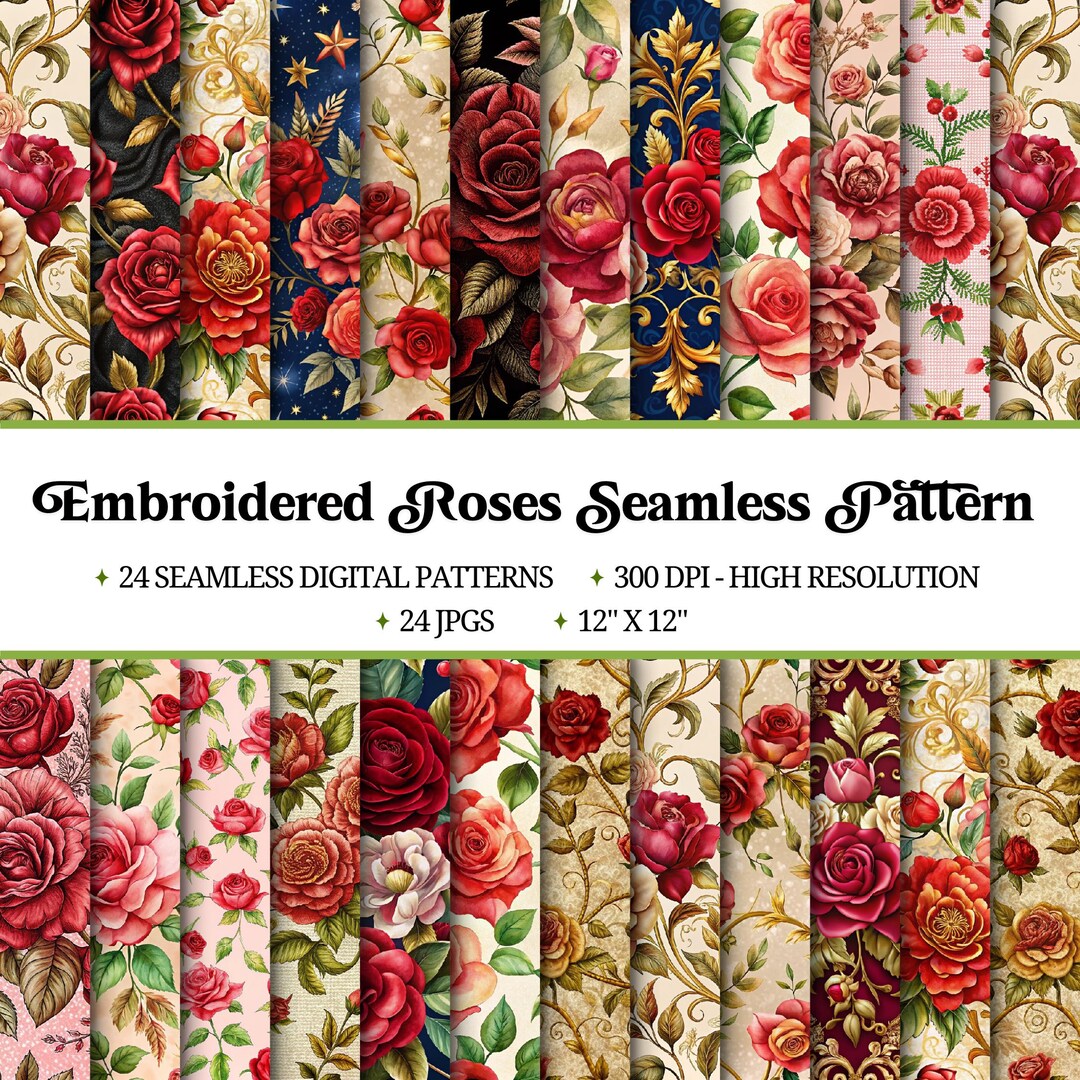 Embroidered Rose Seamless Pattern Bundle: Floral Digital Paper (digital ...