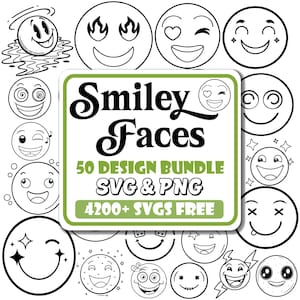 Könnte beinhalten: Eine Sammlung von schwarz-weißen Smiley-Gesichtern. Das Bild zeigt verschiedene Ausdrücke, wie Zwinkern, Herzen und Sterne. Ein grün umrandetes Schild zeigt "Smiley Faces 50 Design Bundle SVG & PNG 4200+ SVGS FREE."