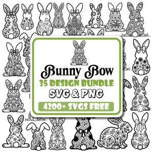 May include: Black and white bunny designs with floral and bow details. The image includes the text "Bunny Bow 35 Design Bundle SVG & PNG" and "4200+ SVGS FREE".