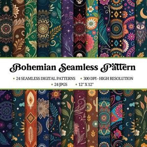 Può includere: Un set di 24 motivi digitali senza cuciture in stile bohémien. I motivi presentano una varietà di colori, tra cui blu scuro, verde, rosso, arancione e giallo. I motivi sono di 30,5 cm per 30,5 cm e hanno una risoluzione di 300 DPI.