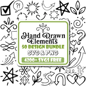 Puede incluir: Una colección de elementos de diseño dibujados a mano en blanco y negro, que incluyen flechas, estrellas, corazones y diseños florales. La imagen presenta un rectángulo central con borde verde con el texto "Hand Drawn Elements 50 Design Bundle SVG & PNG 4200+ SVGS FREE."