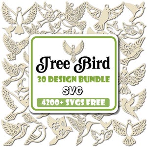 Pode incluir: Uma coleção de recortes de pássaros de madeira bege em vários designs, incluindo pombas e outras espécies de aves. A imagem apresenta um quadrado central com borda verde com o texto "Tree Bird 30 DESIGN BUNDLE SVG 4200+ SVGS FREE".