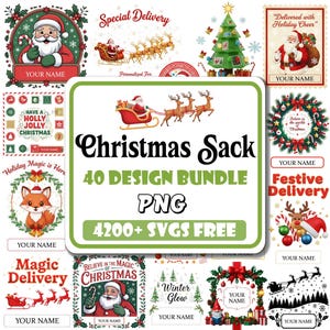 Puede incluir: Un conjunto de diseños digitales con temática navideña. La imagen central dice "Christmas Sack 40 Design Bundle PNG 4200+ SVGS FREE". Otros diseños incluyen a Papá Noel, renos, árboles de Navidad, coronas y texto.