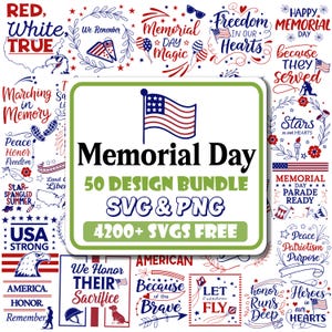 Pode incluir: Uma coleção de designs patrióticos do Dia da Memória em vermelho, branco e azul. A imagem central apresenta uma bandeira americana e as palavras "Memorial Day". O pacote inclui arquivos SVG e PNG, com mais de 4200 designs gratuitos.