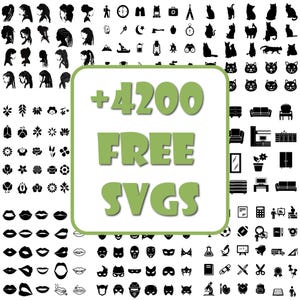 Puede incluir: Un gr&aacute;fico verde y negro con el texto '+4200 FREE SVGS' en un cuadro blanco. El gr&aacute;fico est&aacute; rodeado de una cuadr&iacute;cula de iconos en blanco y negro.