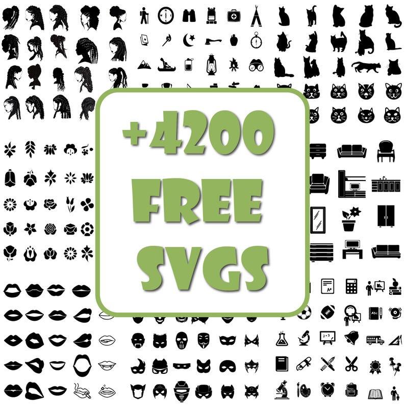 Puede incluir: Un gr&aacute;fico verde y negro con el texto '+4200 FREE SVGS' en un cuadro blanco. El gr&aacute;fico est&aacute; rodeado de una cuadr&iacute;cula de iconos en blanco y negro.