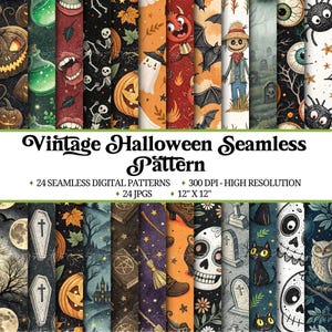 May include: A collection of 24 seamless digital patterns with a vintage Halloween theme. The patterns feature pumpkins, skeletons, bats, ghosts, and other spooky elements. Each pattern is 12" x 12" and has a high resolution of 300 DPI.