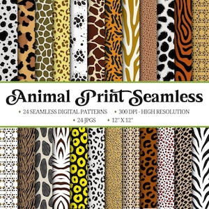 Op de afbeelding: Een verzameling van 24 naadloze digitale dierenprintpatronen. De patronen omvatten verschillende dierenprints zoals luipaard, zebra, giraffe en tijger. De afbeelding bevat ook de tekst "Animal Print Seamless", "24 Seamless Digital Patterns", "300 DPI - High Resolution", "24 JPG's", en "30.48 cm x 30.48 cm".