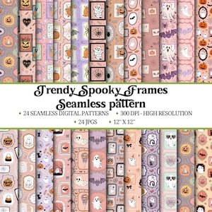 Puede incluir: Una colección de patrones digitales sin costuras con temática de Halloween. Los patrones presentan fantasmas, calabazas, murciélagos y marcos en varios colores. El texto dice "Trendy Spooky Frames Seamless pattern" y "12" X 12".