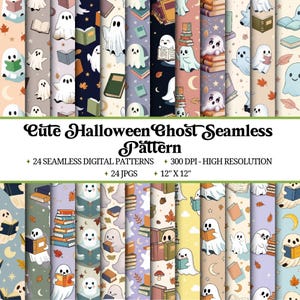 May include: A collection of seamless digital patterns featuring cute cartoon ghosts reading books, with autumn leaves and moons. The patterns are in various colors, including blue, purple, and orange. The text reads "Cute Halloween Ghost Seamless Pattern".