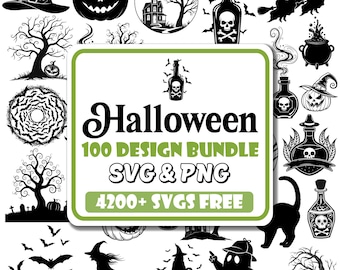 Puede incluir: Una colección de diseños en blanco y negro con temática de Halloween. Incluye un sombrero de bruja, una calabaza, una casa embrujada, murciélagos, botellas de pociones, una bruja en una escoba, un caldero y el texto "Halloween 100 Design Bundle SVG & PNG 4200+ SVGS FREE."