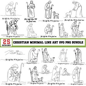 Könnte beinhalten: Eine Sammlung von 25 minimalistischen christlichen Strichzeichnungen im SVG- und PNG-Format. Jedes Design zeigt einen Hirten mit Stab und Lamm, begleitet vom Text "He left the 99 to find me."