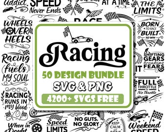 Puede incluir: Un paquete de diseño gráfico verde y negro para los fanáticos de las carreras. El paquete incluye 50 diseños, más de 4200 SVG y está disponible en formatos SVG y PNG. El texto "Racing" está en una fuente grande y en negrita y está rodeado de diseños más pequeños con frases e imágenes relacionadas con las carreras.