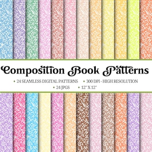May include: A selection of 24 seamless digital composition book patterns in a range of colours, such as blue, green, pink, and yellow. Each pattern measures 30.48 cm x 30.48 cm and has a high resolution of 300 DPI. The image includes the text "Composition Book Patterns".