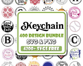 May include: A collection of round keychain designs with various graphics and text, including floral patterns, inspirational quotes, and letters. The central image reads "Keychain 400 Design Bundle SVG & PNG 4200+ SVGS FREE."