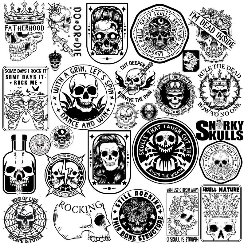 Puede incluir: Ilustraciones en blanco y negro de cr&aacute;neos con varios dise&ntilde;os y textos. Algunos de los textos incluyen "Fatherhood", "Door or Die", "Sassy Skulls Breaking Malls", "I'm Dead Inside", "With a Grin, Let's Spin", "Cut Deeper", "Rule the Dead", "Survive the Pain", "Dance and Win", "Skulls That Laugh Cut the Wrath", "Norky Skulls", "Life's a Grind, Don't Be a Dildo", "Still Rocking This Bone Structure", "Why Use a Brain When a Skull is Enough", "Skull Nature", "Web of Lies", "Escape is Futile", "Rocking", "Two Sides of Death", "United in Wrath".