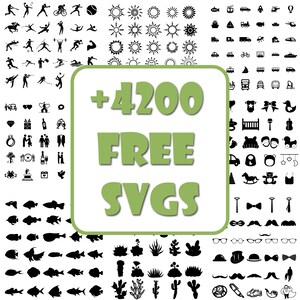 Puede incluir: Un rect&aacute;ngulo verde y blanco con el texto " +4200 FREE SVGs" en negro. El rect&aacute;ngulo est&aacute; rodeado por una cuadr&iacute;cula de iconos en blanco y negro, incluyendo deportes, clima, transporte, beb&eacute; y naturaleza.