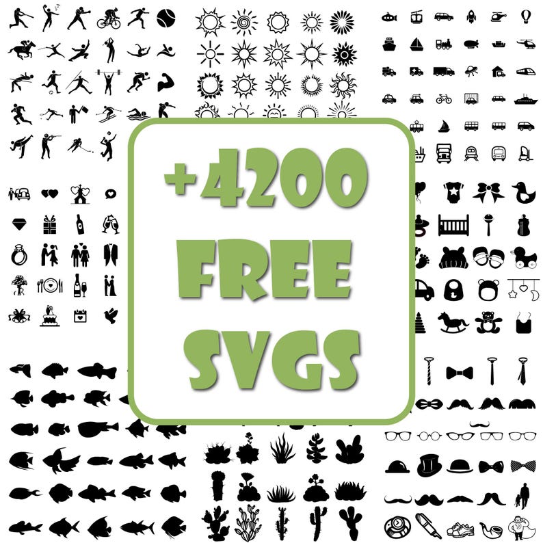 Puede incluir: Un rect&aacute;ngulo verde y blanco con el texto " +4200 FREE SVGs" en negro. El rect&aacute;ngulo est&aacute; rodeado por una cuadr&iacute;cula de iconos en blanco y negro, incluyendo deportes, clima, transporte, beb&eacute; y naturaleza.