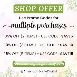 Peut inclure: Graphique promotionnel avec l'inscription "SHOP OFFER" dans une banni&egrave;re verte. Il annonce des r&eacute;ductions pour plusieurs achats, avec 5%, 10% et 15% de r&eacute;duction et les codes promotionnels correspondants. L'URL de la boutique Etsy est &eacute;galement affich&eacute;e.