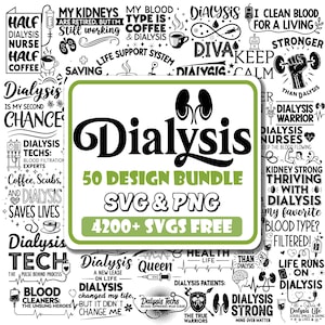 Puede incluir: Un paquete de 50 diseños SVG y PNG con temática de diálisis, con más de 4200 SVG gratuitos. La imagen presenta texto y gráficos relacionados con la diálisis, incluidos riñones, tazas de café y equipos médicos.
