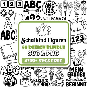May include: A digital design bundle featuring black and white school-themed illustrations including letters, numbers, books, backpacks, pencils, and children. The central text reads Schulkind Figuren 50 DESIGN BUNDLE SVG & PNG 4200+ SVGS FREE.