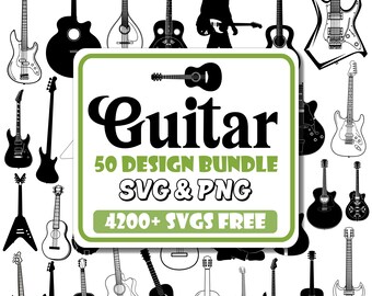 May include: A collection of guitar designs in black and white, including electric, acoustic, and bass guitars. The image features a central green and white sign with the word "Guitar" and the text "50 Design Bundle SVG & PNG".