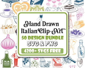 Paquete de imágenes prediseñadas italianas dibujadas a mano: comida, SVG y PNG adorables (descarga digital)