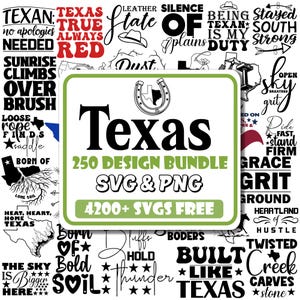 Könnte beinhalten: Ein Design-Bundle mit Texas-Themen in SVG- und PNG-Formaten. Das zentrale Element ist das Wort "Texas" in fetter Schrift, umgeben von Sätzen wie "True Red" und "Built Like Texas". Das Bundle enthält über 4200 SVGs.