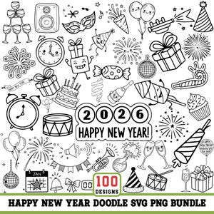 Puede incluir: Ilustraciones de garabatos en blanco y negro para las celebraciones de Año Nuevo. Incluye botellas de champán, fuegos artificiales, gorros de fiesta, relojes, cajas de regalo y el texto "2026 ¡Feliz Año Nuevo!" y "Happy New Year Doodle SVG PNG Bundle".
