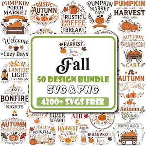 Könnte beinhalten: Ein digitales Design-Paket mit einem zentralen weißen Quadrat mit grünem Rand, das den Text Harvest Time Fall 50 Design Bundle SVG & PNG 4200+ SVGS FREE enthält, umgeben von verschiedenen herbstlichen Illustrationen wie Kürbissen und Blättern.