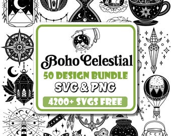 Op de afbeelding: Zwart-wit Boho Celestial designbundel met diverse illustraties met hemelse en natuurthema's. Bevat een kompas, zandloper, theekopje, luchtballon en meer. De tekst luidt "Boho Celestial 50 Design Bundle SVG & PNG 4200+ SVGS FREE".