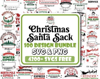 Puede incluir: Una colección digital de 100 diseños de sacos de Papá Noel en formatos SVG y PNG, con gráficos festivos como renos, Papá Noel y texto navideño. El gráfico central muestra el texto Christmas Santa Sack 100 Design Bundle.