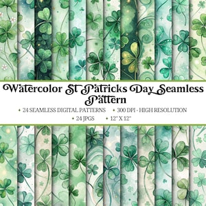 May include: A selection of watercolour St. Patrick's Day seamless patterns. The patterns showcase various shades of green shamrocks and floral designs. The image includes the text "Watercolor St. Patrick's Day Seamless Pattern" and details about the digital patterns.