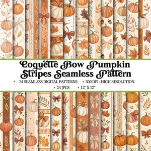 Coquette Bow Pumpkin Stripes Seamless Pattern Bundle |Fall Season Pattern |Thanksgiving Pattern |Digital Crafting |Printable Digital Paper