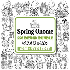 May include: A digital collection of black and white line art illustrations featuring gnomes in various spring settings. The central text reads Spring Gnome 550 DESIGN BUNDLE SVG & PNG 4200+ SVGS FREE, framed by a green border on a white background.