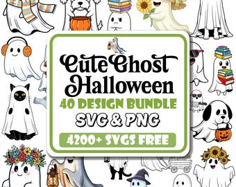 May include: A collection of cute ghost illustrations for Halloween. The image includes ghosts with various accessories, such as books, hats, and flowers. Text on the image reads "Cute Ghost Halloween 40 Design Bundle SVG & PNG 4200+ SVGS FREE."
