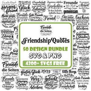 Op de afbeelding: Een digitale collectie van vriendschapscitaten in zwart-wit met diverse kalligrafische lettertypes, waaronder teksten zoals Friendship Quotes, 50 Design Bundle, SVG & PNG en 4200+ SVGS FREE, gerangschikt in een dichte collage van tekst en bloemmotieven.