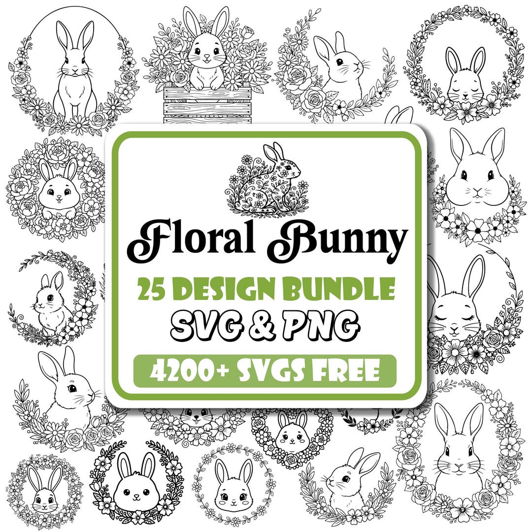Floral Bunny Svg Bundle |bunny Clipart Png |bunny With Flowers Outline ...