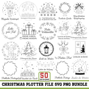 Może przedstawiać: Zbiór 50 świątecznych wzorów w czerni i bieli, w tym renifery, choinki, wieńce i bałwany. Tekst zawiera "Christmas Plotter File SVG PNG Bundle".