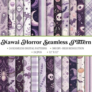May include: A selection of 24 seamless digital patterns with a Kawaii Horror theme. The patterns feature skulls, bats, moons, and other spooky elements in shades of purple and white. Each pattern is 30.48 cm x 30.48 cm and has a 300 DPI resolution.