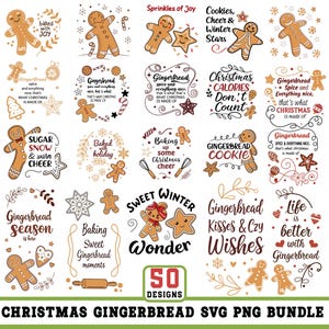 May include: A bundle of 50 Christmas gingerbread designs in SVG and PNG formats. The designs include gingerbread men, stars, and festive phrases such as "Sprinkles of Joy" and "Sweet Winter Wonder". The designs are in brown, red, and white.