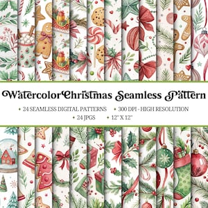 May include: A collection of watercolor Christmas seamless patterns. The patterns feature festive elements like gingerbread men, ornaments, bows, and holly. The image includes the text "Watercolor Christmas Seamless Pattern" and details about the digital patterns.