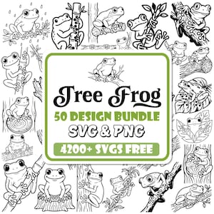 Puede incluir: Una colección de diseños digitales con numerosas ilustraciones de arte lineal en blanco y negro de ranas arbóreas en varias poses sobre ramas y hojas, centrada en una etiqueta con el texto Tree Frog 50 DESIGN BUNDLE SVG & PNG 4200+ SVGS FREE.