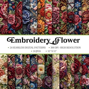 Puede incluir: 24 patrones digitales de flores bordadas en un collage. Los patrones son sin costuras y presentan una variedad de flores en tonos de rojo, rosa, morado, amarillo y verde. Cada patrón mide 30,5 cm por 30,5 cm y 300 DPI.
